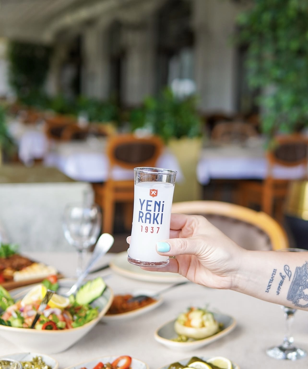 Rakı kadehi ve mezelerle dolu sofra